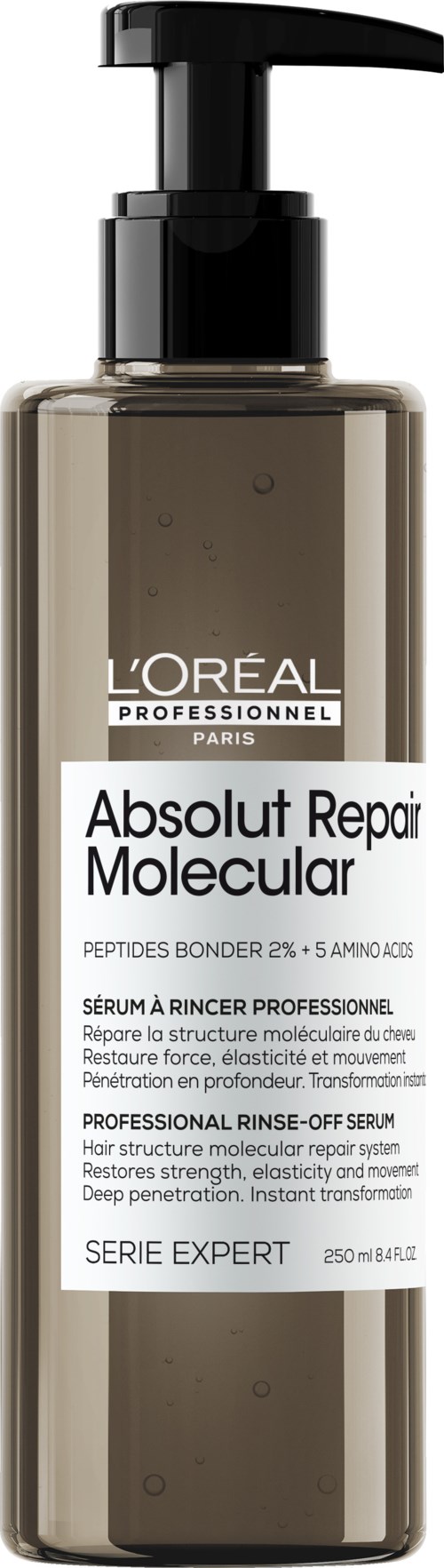 A brown bottle with a black pump contains L'Oréal hair repair serum, labeled as Absolut Repair Molecular, for professional use.