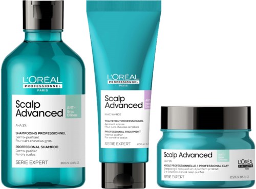 Three hair care products from L'Oréal, including shampoo, treatment, and clay mask, all labeled for scalp and hair health.