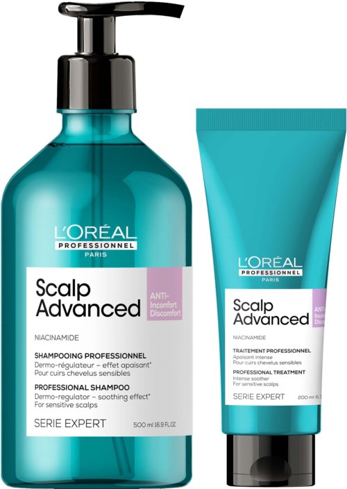 To hårpleieprodukter for sensitiv hodebunn, merket 'Scalp Advanced' av L'Oréal Professionnel, i blå flasker.