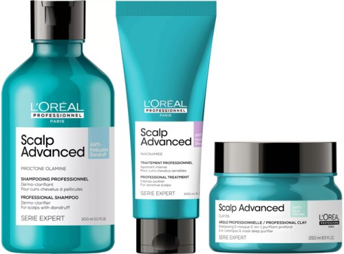 Set of scalp care products including shampoo, treatment, and clay for dandruff and scalp health.