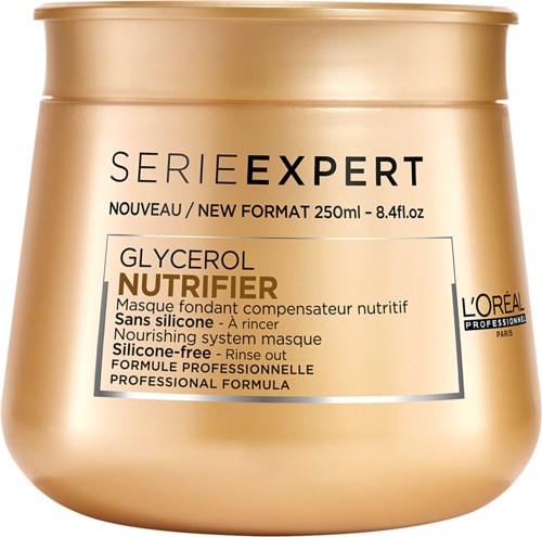 Guldfärgad behållare för en vårdande hårmask med glycerol, utan silikon, professionell formula, av L'Oréal.