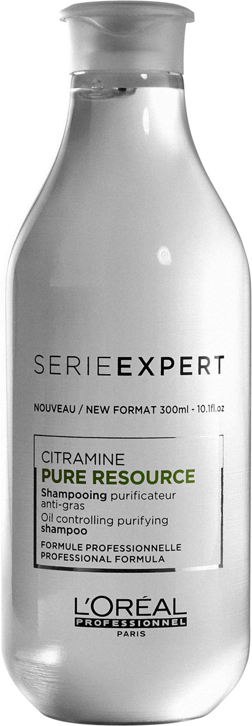 A silver bottle of Loreal shampoo with white and green label, labeled Seriexpert Citramine Pure Resource.
