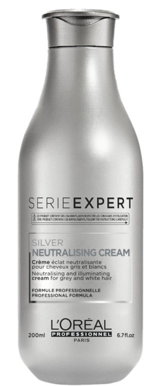 Silber-Neutralisierungscreme in einer silbernen Flasche für graues und weißes Haar, Marke L'Oréal, 200ml.