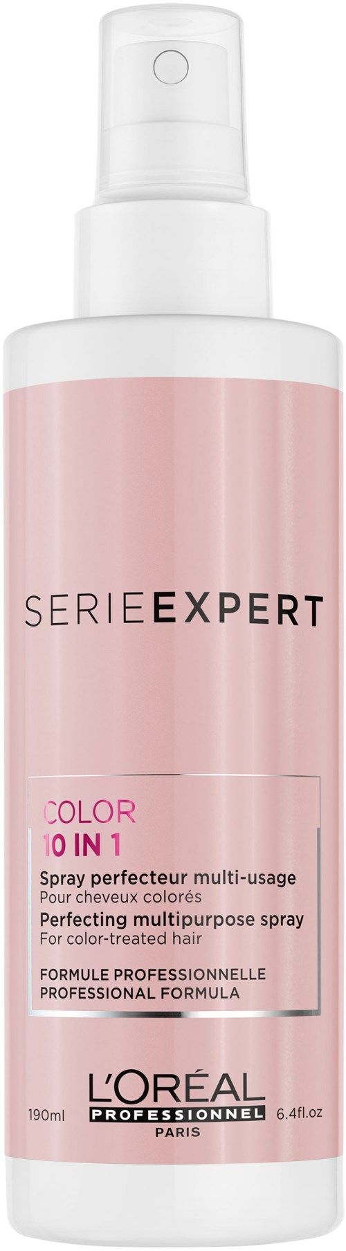  Pink sprayflaske til hårstyling, mærket med 'Serie Expert' og 'Color 10 in 1'.