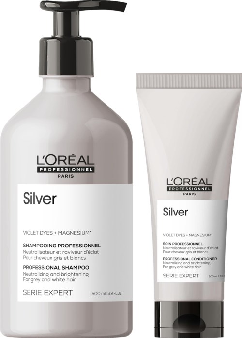 Zwei Haarpflegeprodukte: eine Shampoo-Flasche mit Pumpspender und eine Conditioner-Tube, beide mit 'L'Oreal Silver' für graues Haar.