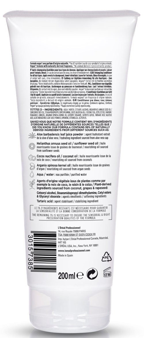 En vit tub med svart text på baksidan, märkt som 200 ml, innehållande produktens ingredienser och instruktioner.