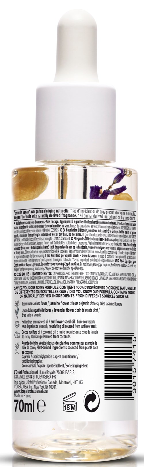 A clear bottle with a white dropper cap, containing a colored liquid and dried flower petals inside.