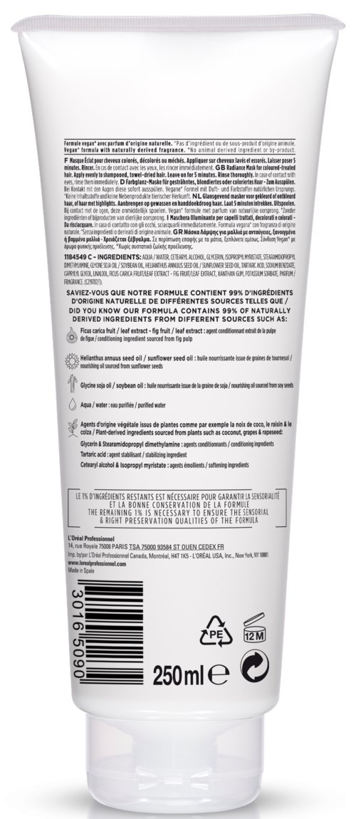 En vit tub, troligen en hudvårds- eller kosmetikprodukt, med text och symboler för ingredienser, användning och återvinning.