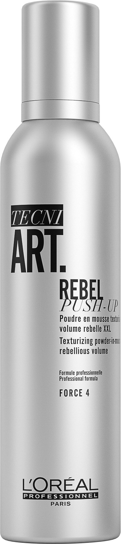 En silver sprayflaska med svart och vitt text för hårstyling, märkt 'Rebel Posh Up' och 'L'Oréal Professionnel.'