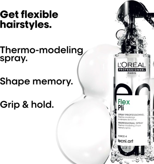 Text promoting a hair spray with benefits for flexibility, shaping, and grip. Includes product brand and details.