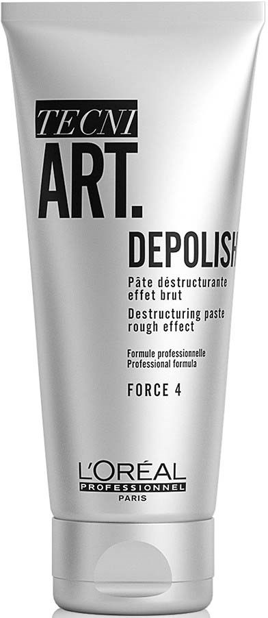 En silver tub av L'Oréal-hårprodukt 'Depolish' med svart och vitt text, nämner en grov effekt.