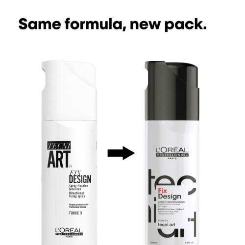 To hårsprayflasker der viser det samme produkt med forskellige emballagedesign. Teksten forklarer den nye pakke.