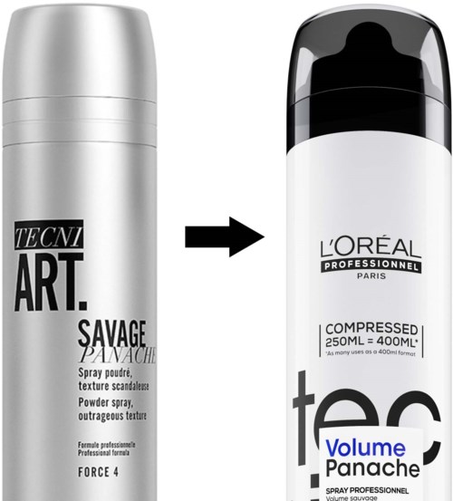 Ein Vorher-Nachher-Bild, das eine Haarproduktverwandlung von Tecni Art. zu L'Oréal Paris zeigt.