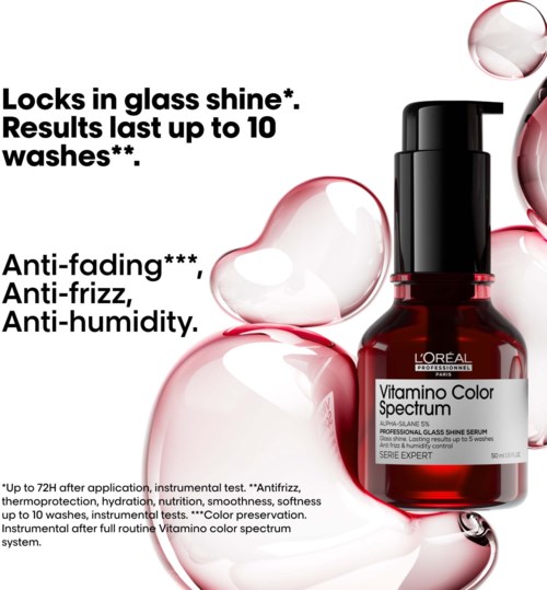 L'Oreal-serum i en röd flaska lovar glans, varar upp till 10 tvättar, och bekämpar blekning, frizz, och fuktighet.