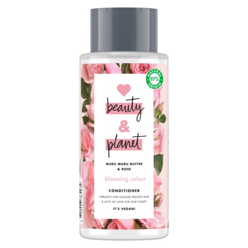 Valkoinen pullo, logoja pinkkejä ruusuja, värihoidolle, vegaaninen, 97 % luonnollisia aineita.