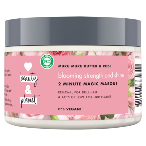 Rosa behållare med rosor, främjar veganskt ansiktsmask för hår med naturliga ingredienser, nyckelord: förnyelse och kärlek.