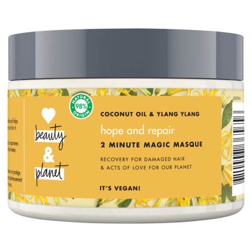 En burk med hårinpackning med kokosolja och ylang ylang, för snabb återhämtning och veganvänliga ingredienser.