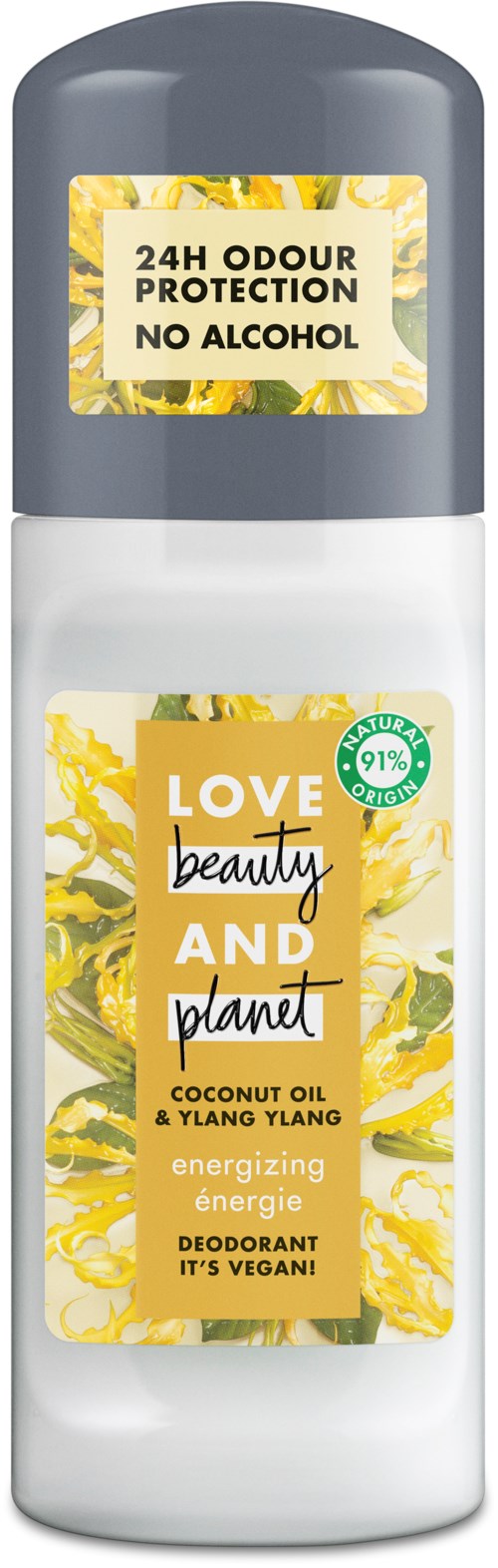 Deodoranttipullo, jolla mainostetaan luonnollista, alkoholitonta suojaa kookosöljyllä ja ylang-ylangilla, edistäen rakkautta ja planeettaa.