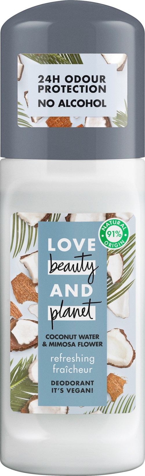 Deodoranttipullo, joka lupaa 24 tunnin hajunsuojan, ei alkoholia, sisältää kookosvettä ja mimosa-kukkaa.