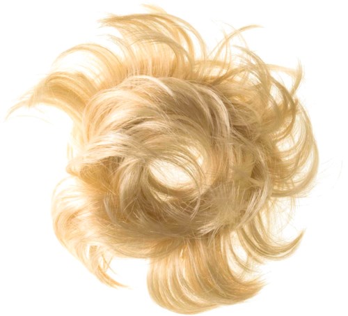 Blonde hair styled in a loose, messy updo with soft waves and volume.