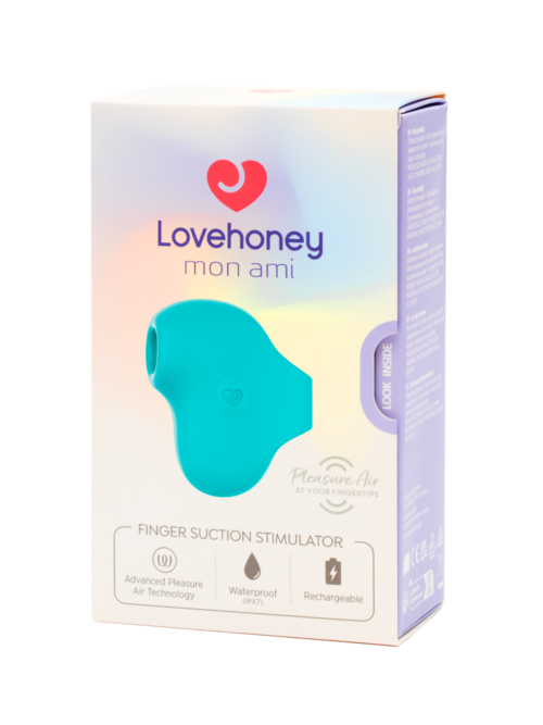En blå finger sugetrissor i förpackning från Lovehoney, vattentät och uppladdningsbar.
