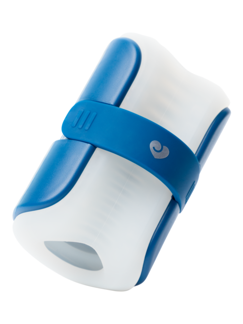 En medicinsk enhet med blå rem och vit kropp, möjligen en insulinpump eller steriliserare.