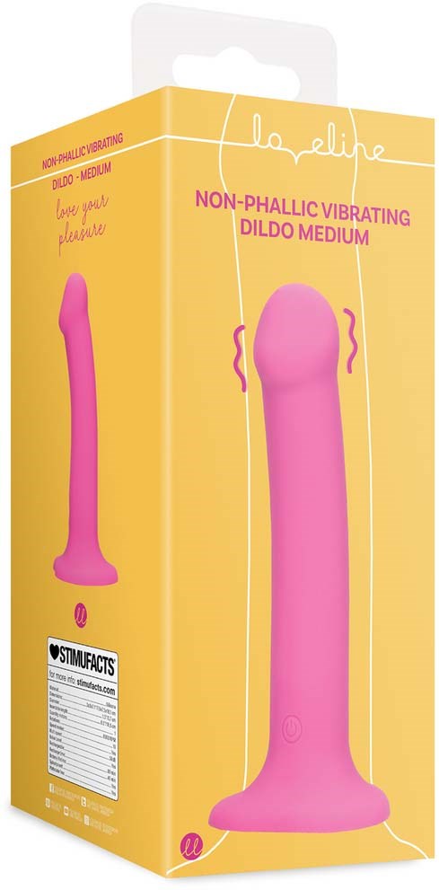 Różowy wibrator w żółtym pudełku oznaczonym 'Non-Phallic Vibrating Dildo Medium'.