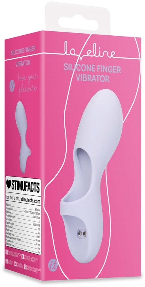 Różowe opakowanie przedstawia biały silikonowy palec wibratora z dwoma przyciskami. Tekst mówi "Silicone Finger Vibrator" i "Love You Always."