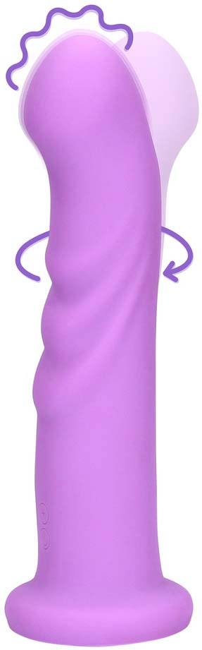 A purple, realistic-looking dildo with a curved shape and textured surface, featuring a vibrating mechanism.