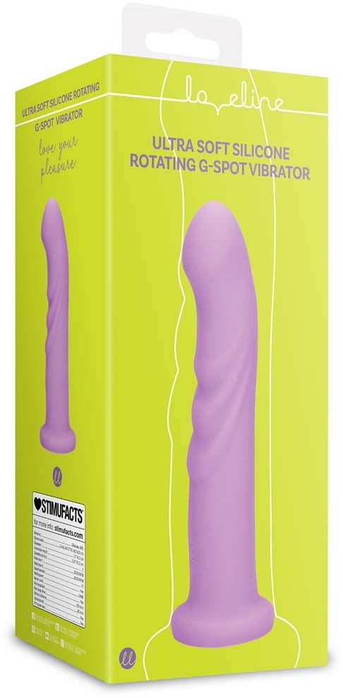 Bright green box with a purple vibrator illustration, labeled as a soft silicone rotating G-spot vibrator.