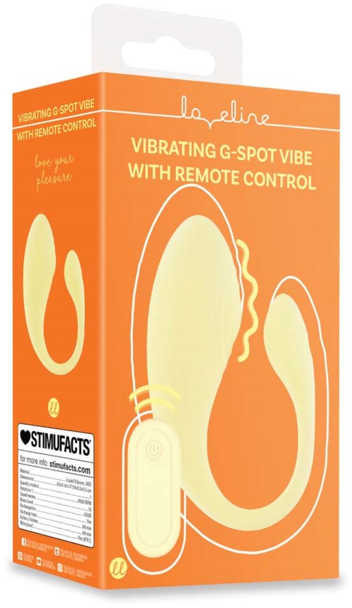 Pomarańczowe pudełko z klipsem pokazuje wibrator G-spot z wibracjami i pilotem. Pudełko ma prosty rysunek liniowy.