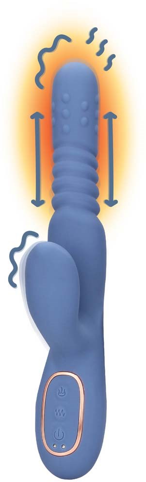 A blue vibrator with multiple textures, buttons at the base, and motion arrows indicating movement.