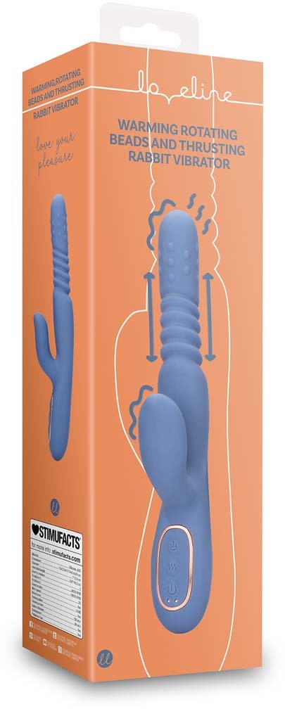A blue rabbit vibrator with a textured body and warming feature, in orange packaging displaying its functions.