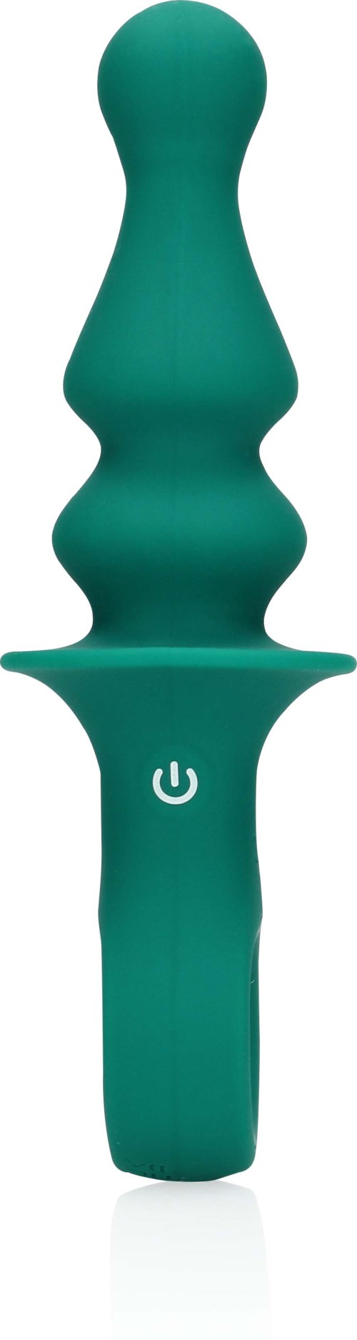 A teal-colored, ergonomic sex toy with a curved, textured tip and a handle with a power button.