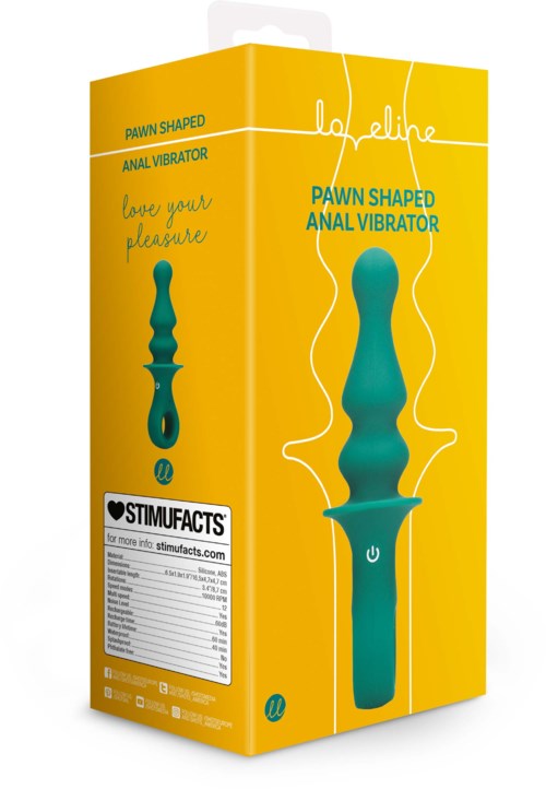 A yellow box with a teal shaped anal vibrator inside and text saying "Love line" and "pawn shaped anal vibrator."