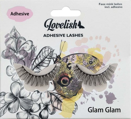To par falske minkøyne med blomster og abstrakt bakgrunn, merket 'Glam Glam'.