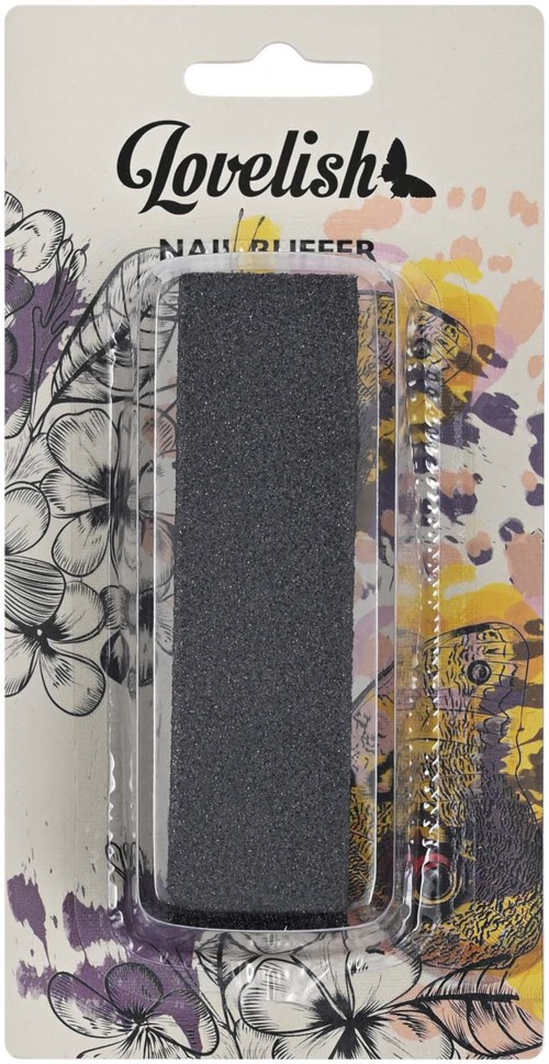 En neglebuffer i svart, pakket med blomster- og fargerik abstrakt kunst på baksidekortet.