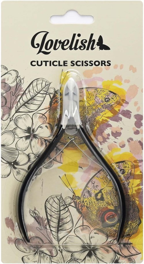 Et par små, svarte negleklippertang i blomsterinnpakning med gul sommerfugldesign.