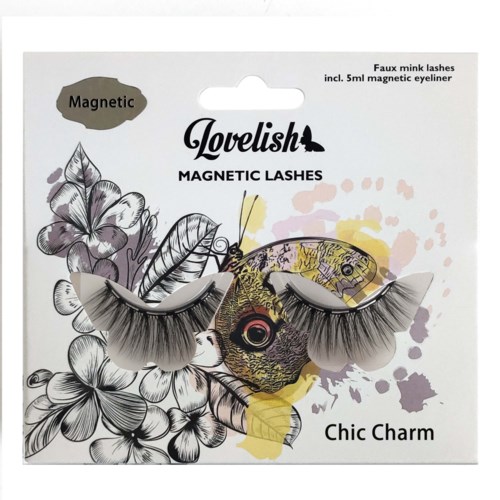 Falske minkøyextensions kalt Chic Charm med magnetfunksjon og blomsterdesignbakgrunn.