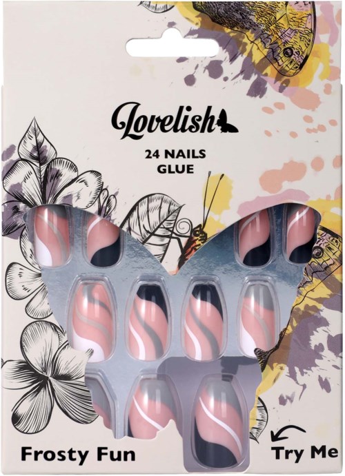 Fargede neglefliser med rosa, svart og hvit snurrdesign i sommerfuglsnakk. Pakken inneholder 24 selvklebende negler. Merkevaren er Lovelish.