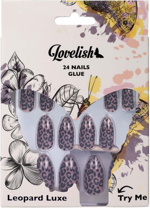 Naklejki na paznokcie w lamparta wzór na karcie z kwiatami i motylem, oznaczone "Lovelish 24 Nails Glue".