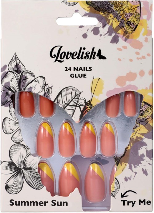 Neglelakkmerker med etiketten 'Summer Sun', formet som en sommerfugl, gul og rosa design, på dekorativ blomsterbakgrunn.