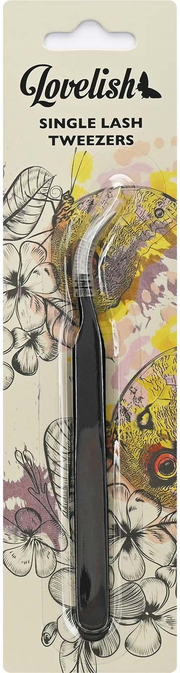 En svart pinsett med buet spiss, pakket i et blomster- og gult bakgrunnskort, merket 'Lovelish Single Lash Tweezers.'