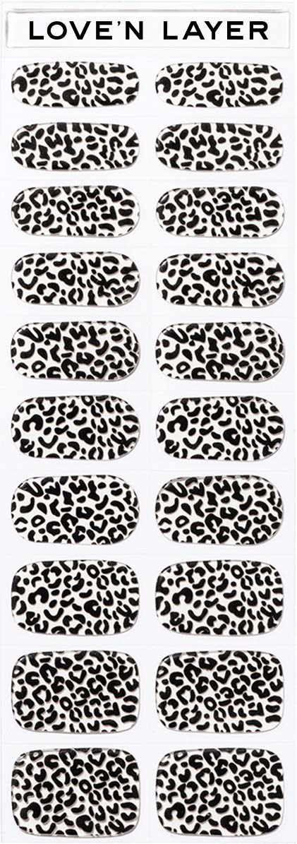 A sheet of nail stickers with different black and white leopard print designs, labeled 'LOVE'N LAYER' at the top.