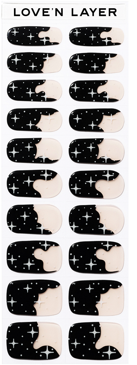 Nail stickers with black and white moon and star designs, arranged on a strip labeled 'Love'n Layer'.