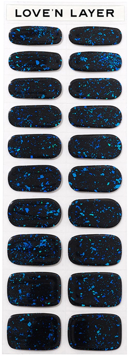 Dark nails with blue splatter design, labeled 'Love'n Layer', 20 artificial nails on a white background.