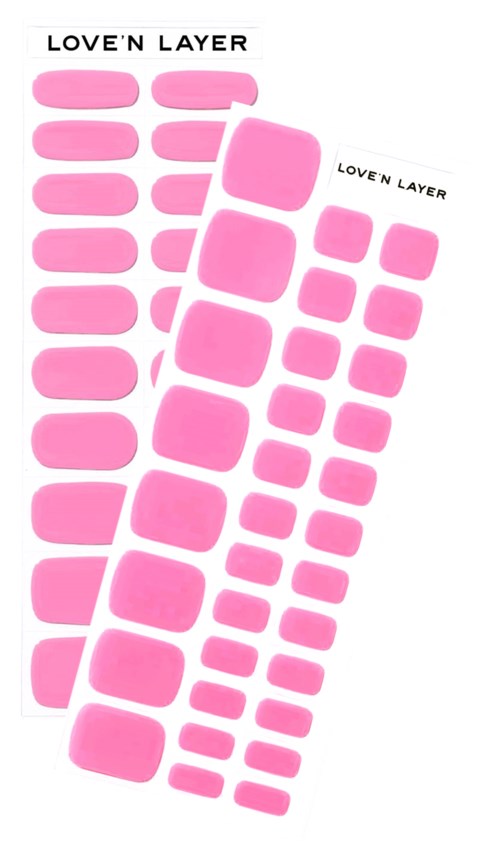 Pink nail stickers in different shapes and sizes, labeled 'LOVE'N LAYER'.