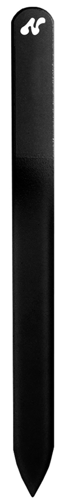 En svart stylus med en logo øverst, lang og tynn, med en avrundet spiss for berøringsskjermer.