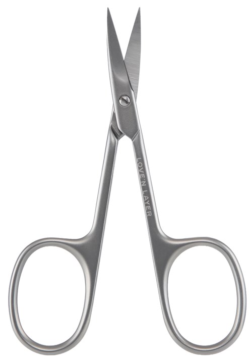 Ett par små medicinska saxar med böjda blad och runda handtag, av metall.