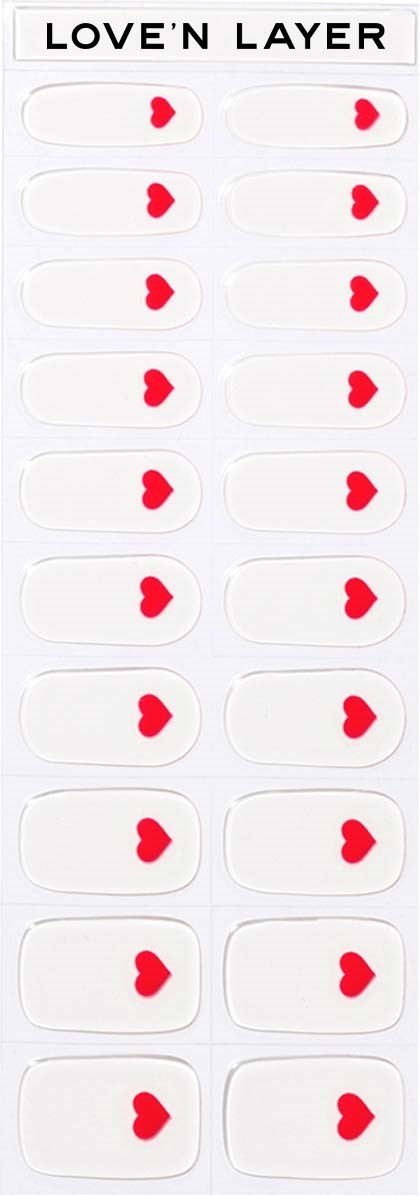 Flere hvide striber med røde hjerte-symboler, arrangeret i rækker. Titlen siger 'LOVE'N LAYER'.